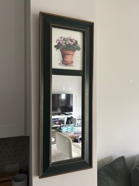 Framed Wall Mirror with Floral Accent - Black and Gold Trim